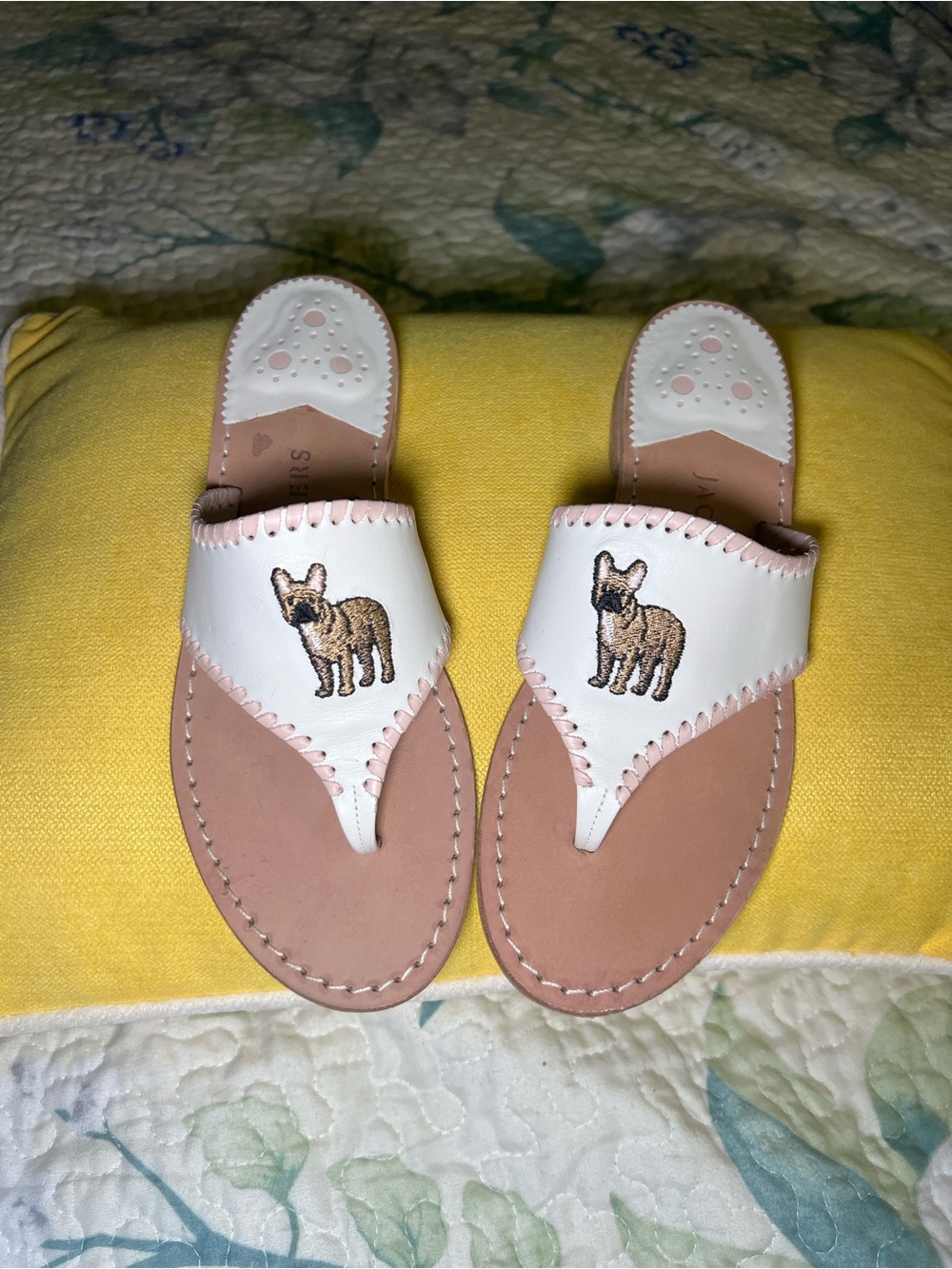 Jack Rogers Women’s White & Tan Slide Sandals with Embroidered French Bulldog